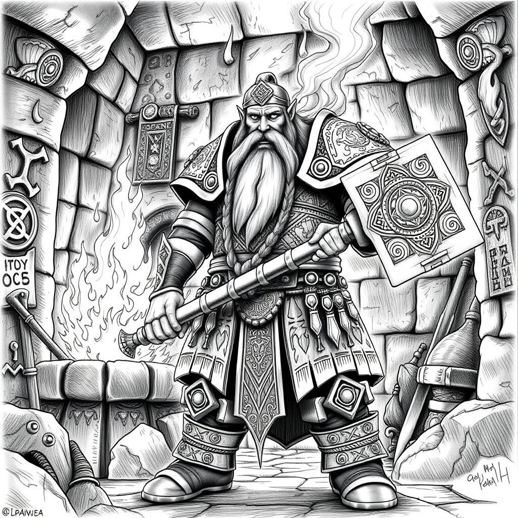 An intricate black and white drawing of the dwarven guardian standing sentinel by the holy forge of power