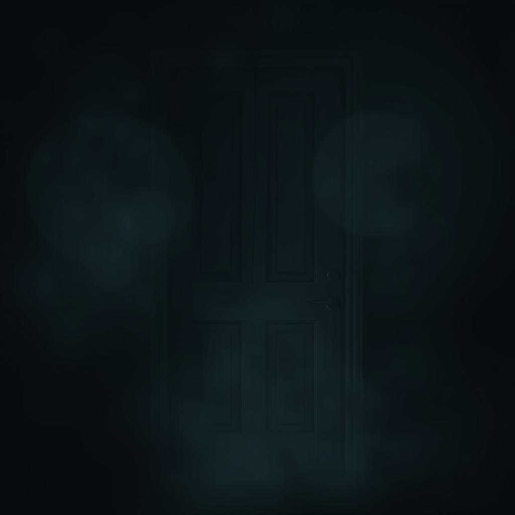 A door standing ominously in a dark, eerie atmosphere, shrouded in shadows and surrounded by mist