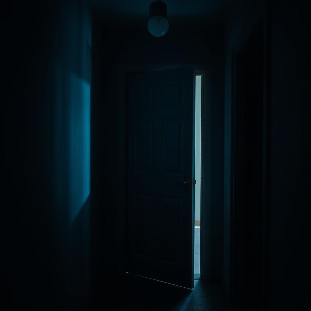 A photo featuring an apartment door in a dimly lit hallway, exuding a spooky and eerie atmosphere