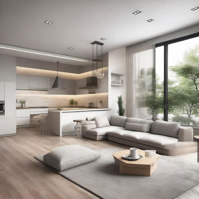 Modify the previous architectural layout by adding more corners to the house design and combining the living room and kitchen into one unified section.