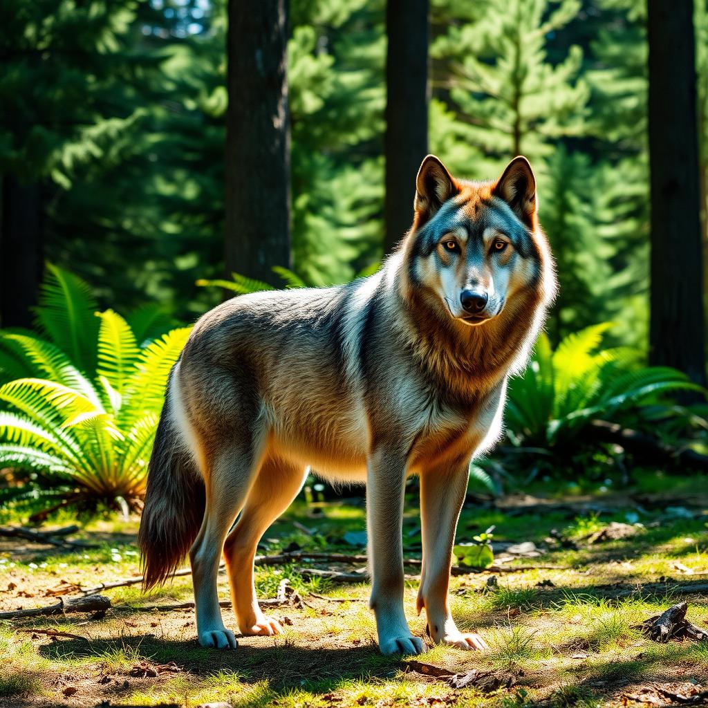 A majestic gray wolf standing in a lush, dense forest