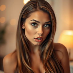 A beautiful 25-year-old woman with a surprised expression, looking directly at the camera in a sensual pose