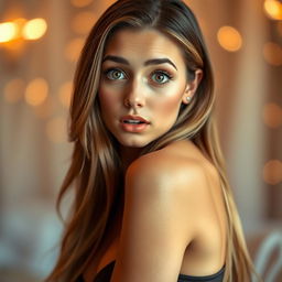 A beautiful 25-year-old woman with a surprised expression, looking directly at the camera in a sensual pose