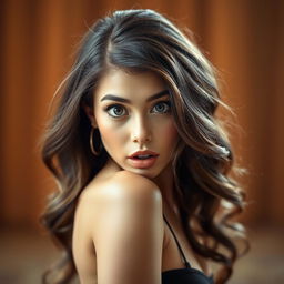 A beautiful 25-year-old woman with an astonished expression, facing the camera in a sensual pose