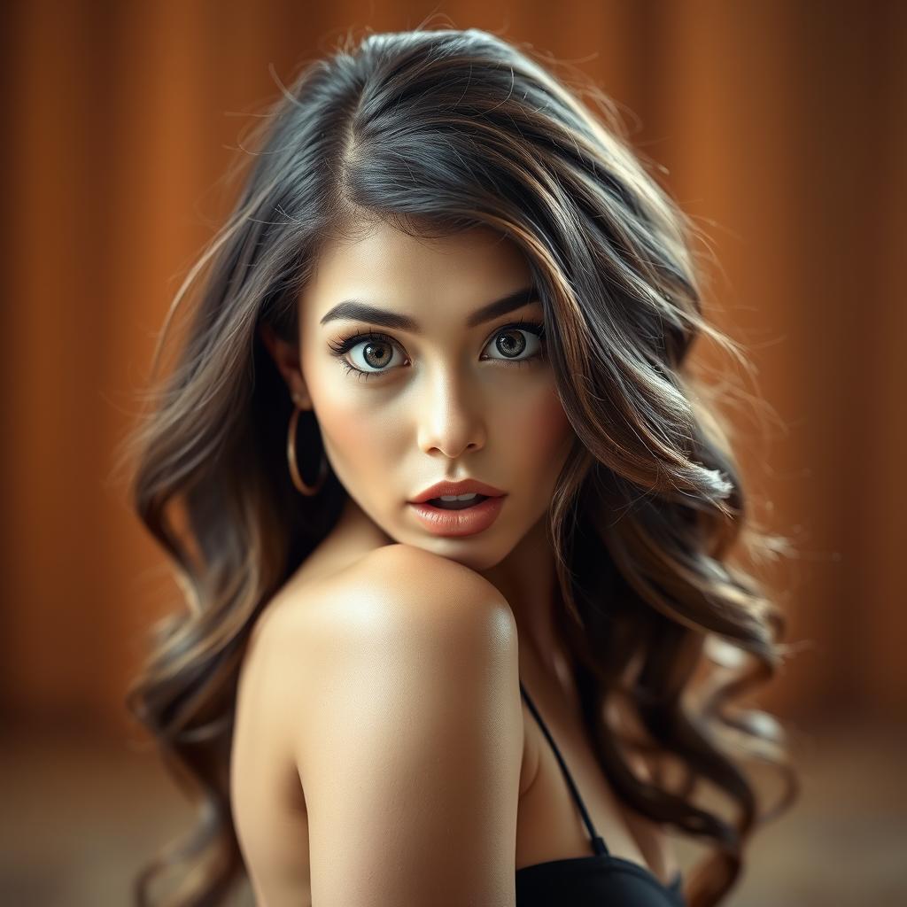 A beautiful 25-year-old woman with an astonished expression, facing the camera in a sensual pose