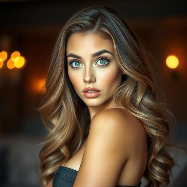 A beautiful 25-year-old woman with an astonished expression, facing the camera in a sensual pose