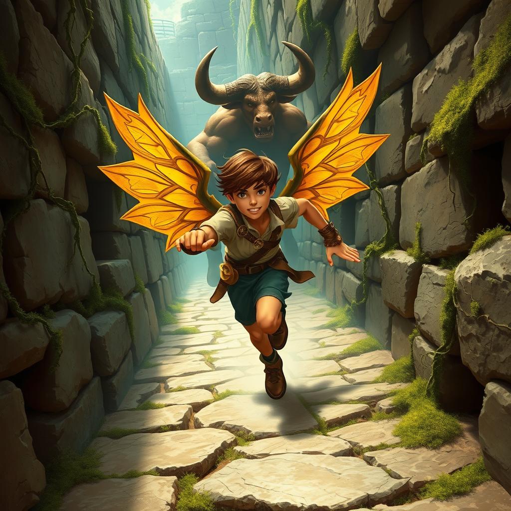 A dynamic and thrilling scene depicting Icare, a young hero with intricate golden wings, flapping them urgently as he runs through a sprawling, labyrinthine maze