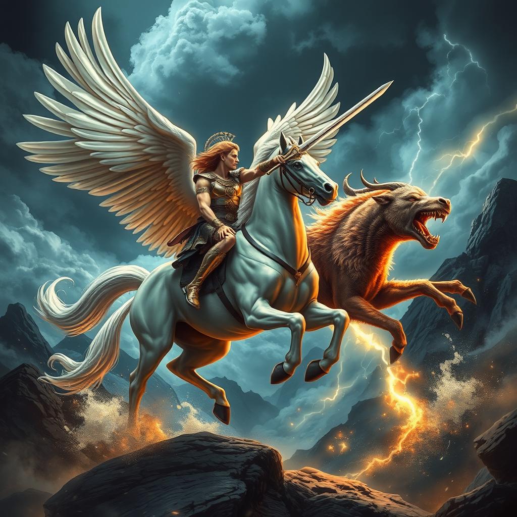 A dramatic scene featuring Perseus riding on the majestic winged horse Pegasus, engaged in an epic battle with the fierce Chimera