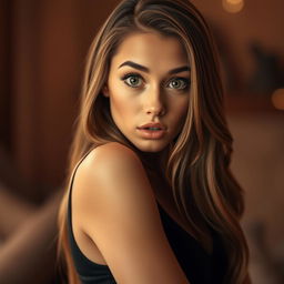 A beautiful 25-year-old woman with a surprised and captivating expression, facing the camera directly in a sensual pose