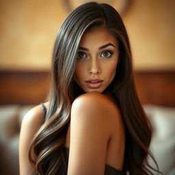 A beautiful 25-year-old woman with a surprised and captivating expression, facing the camera directly in a sensual pose