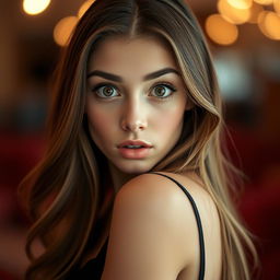 A beautiful 25-year-old woman with a surprised and captivating expression, facing the camera directly in a sensual pose