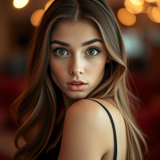 A beautiful 25-year-old woman with a surprised and captivating expression, facing the camera directly in a sensual pose