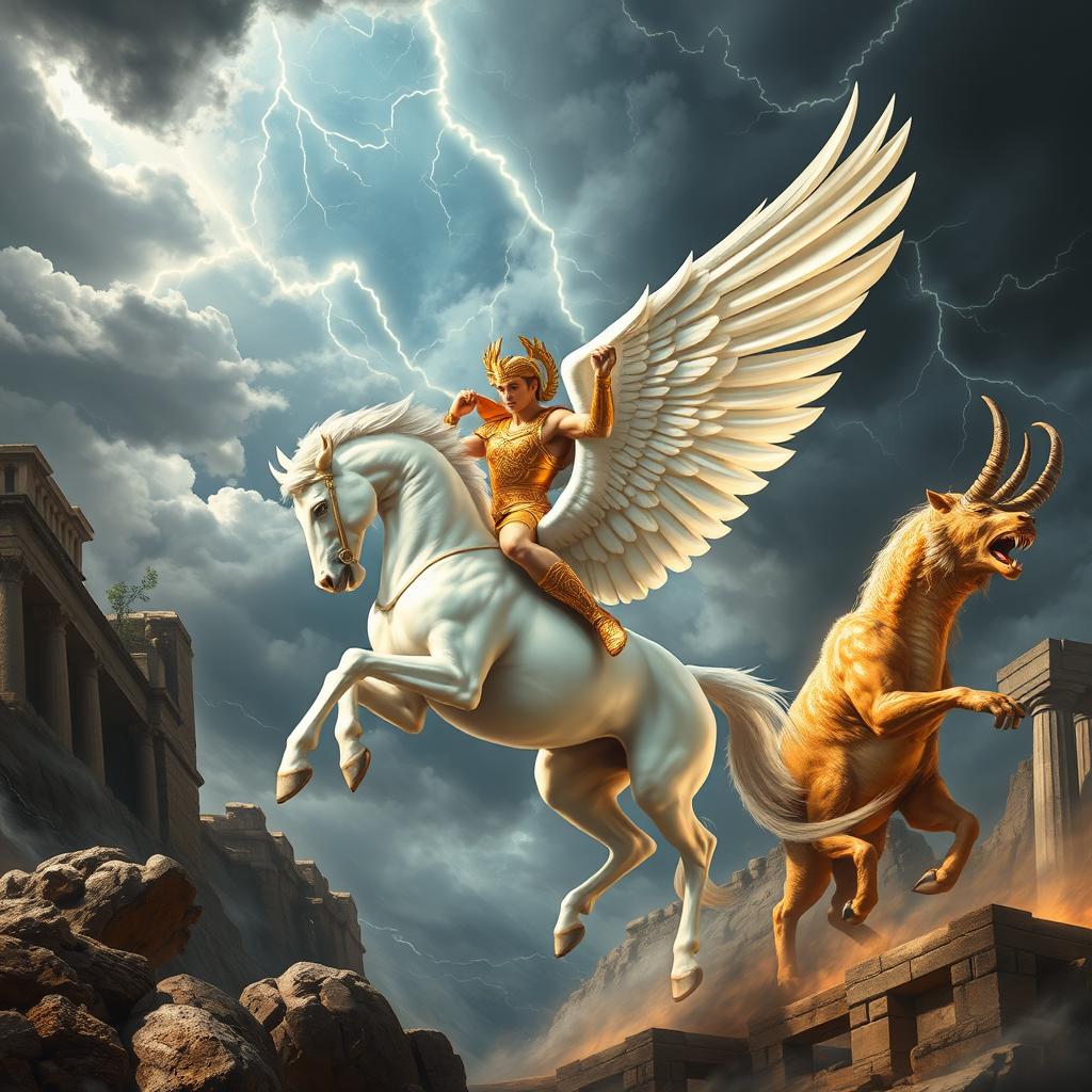 A heroic scene depicting Perseus on Pegasus, engaging in an epic battle against the fierce Chimera