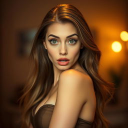 A stunning 25-year-old woman with a surprised expression, positioned directly facing the camera in a sensual pose