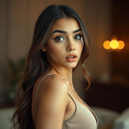 A stunning 25-year-old woman with a surprised expression, positioned directly facing the camera in a sensual pose