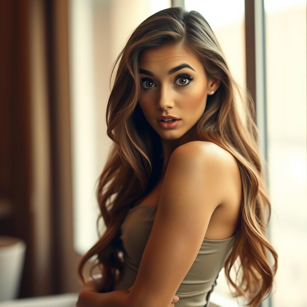 A stunning 25-year-old woman with a surprised expression, positioned directly facing the camera in a sensual pose