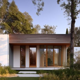 Front view of a dream house, single-story, blending modern and vintage styles using wood and cement as main materials