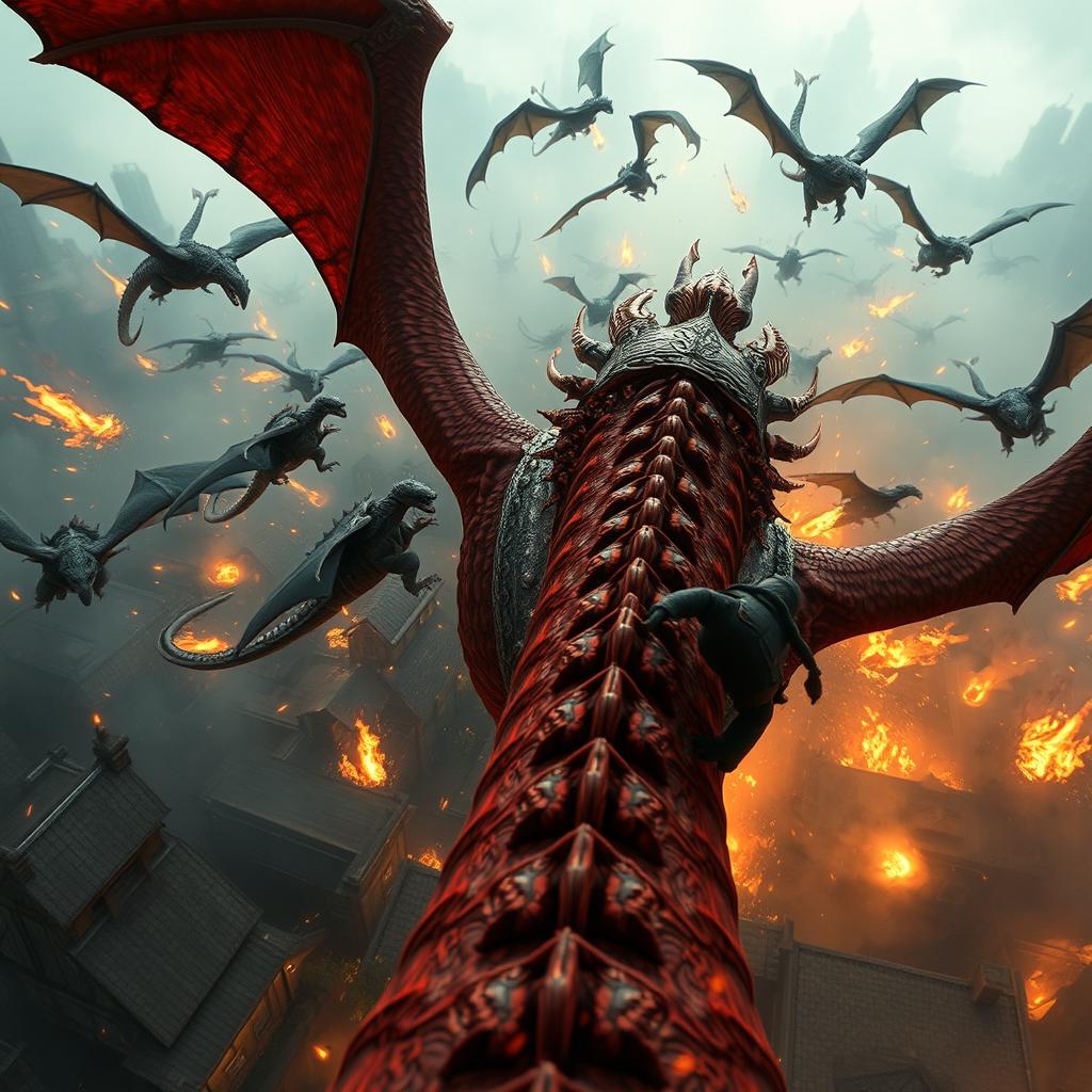 POV shot from the neck of a massive red dragon soaring through an intense aerial battle
