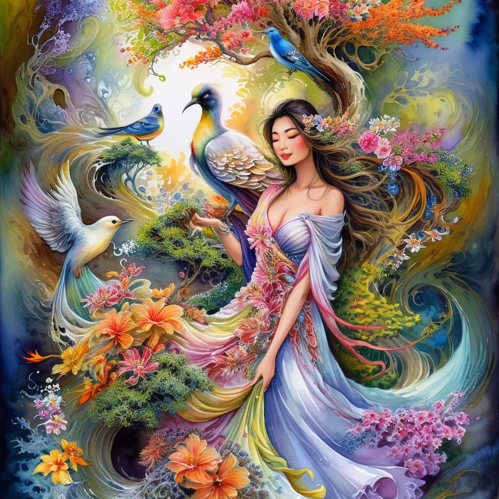 Enchanting Mythical Scene: Fairy, Peacock & Mermaid