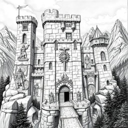 An intricately detailed black and white drawing of a clan-based dwarven fortress, showcasing robust stone architecture that embodies traditional dwarven design