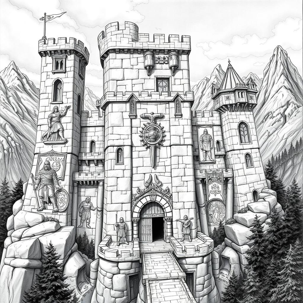 An intricately detailed black and white drawing of a clan-based dwarven fortress, showcasing robust stone architecture that embodies traditional dwarven design