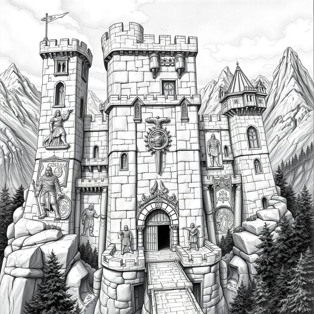 An intricately detailed black and white drawing of a clan-based dwarven fortress, showcasing robust stone architecture that embodies traditional dwarven design