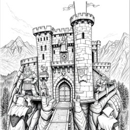 An intricately detailed black and white drawing of a clan-based dwarven fortress, showcasing robust stone architecture that embodies traditional dwarven design