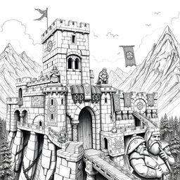 An intricately detailed black and white drawing of a clan-based dwarven fortress, showcasing robust stone architecture that embodies traditional dwarven design