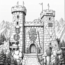 An intricately detailed black and white drawing of a clan-based dwarven fortress, showcasing robust stone architecture that embodies traditional dwarven design
