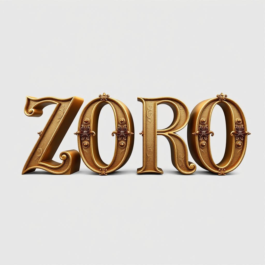 A large, three-dimensional representation of the word 'ZORO' in bold letters, artistically designed with ornate decorations that give it a unique and eye-catching flair