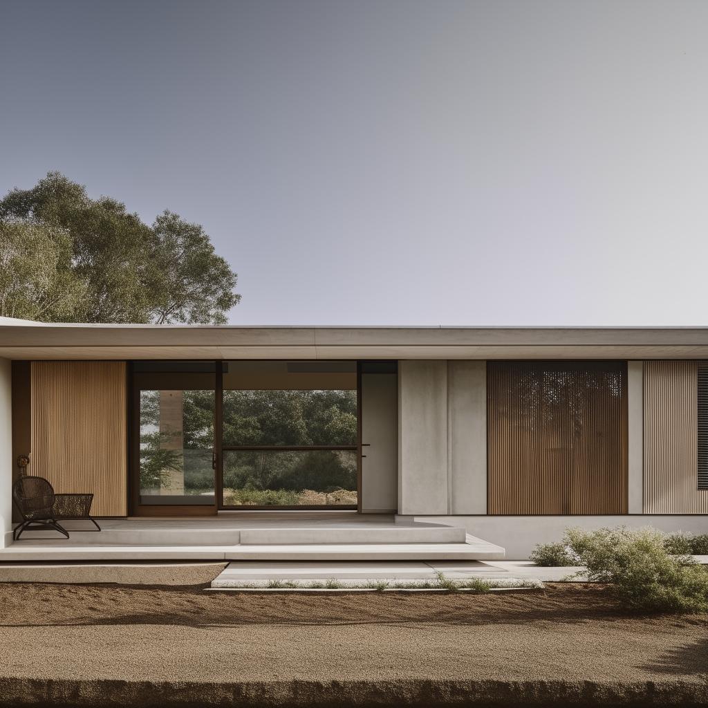 Front view of a dream house, single-story, blending modern and vintage styles using wood and cement as main materials