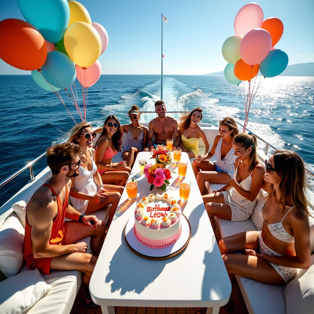 A luxurious birthday party taking place on a yacht during a bright summer day