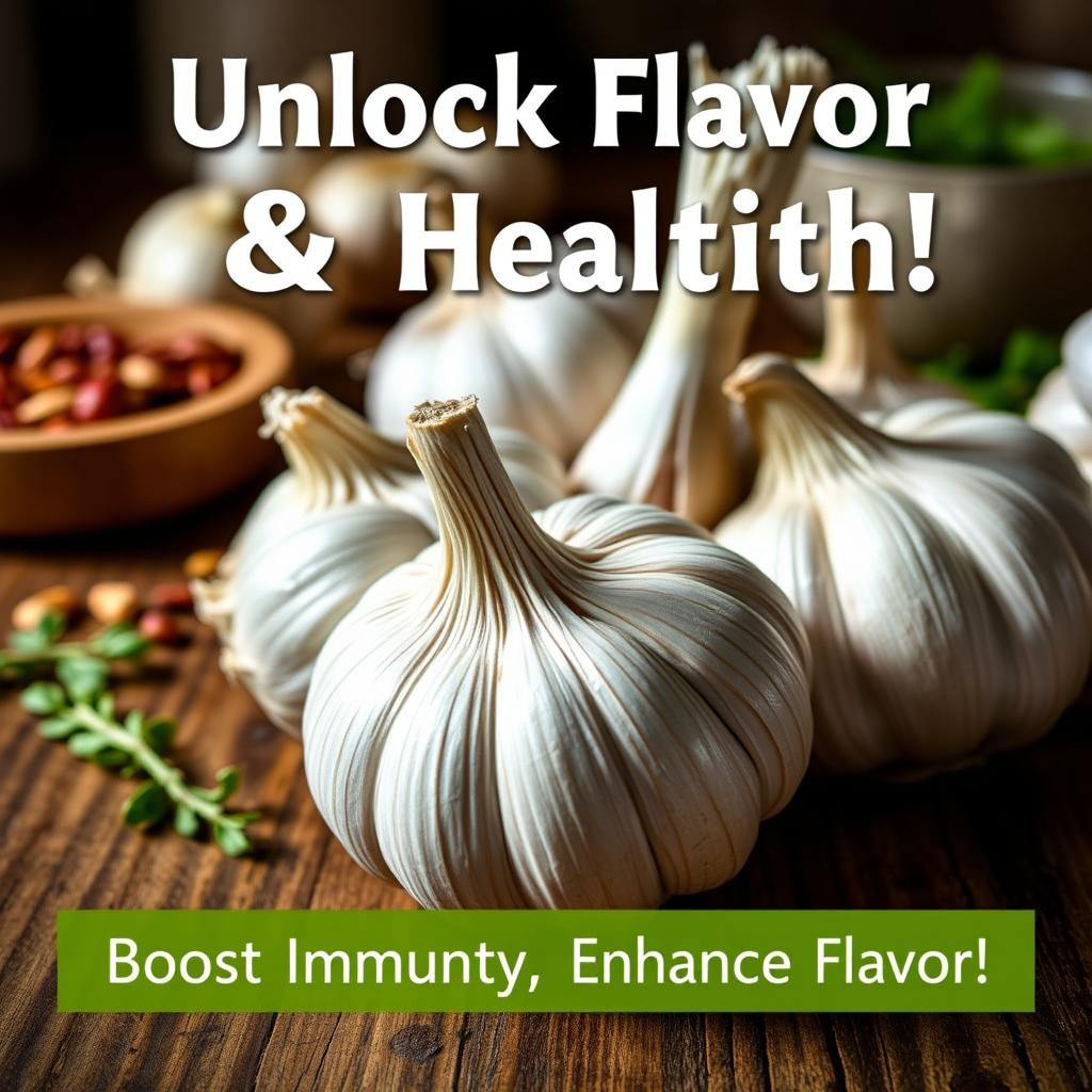 A vibrant and appealing advertisement for garlic, featuring a close-up of fresh, plump garlic bulbs with their papery skin glistening under soft natural light