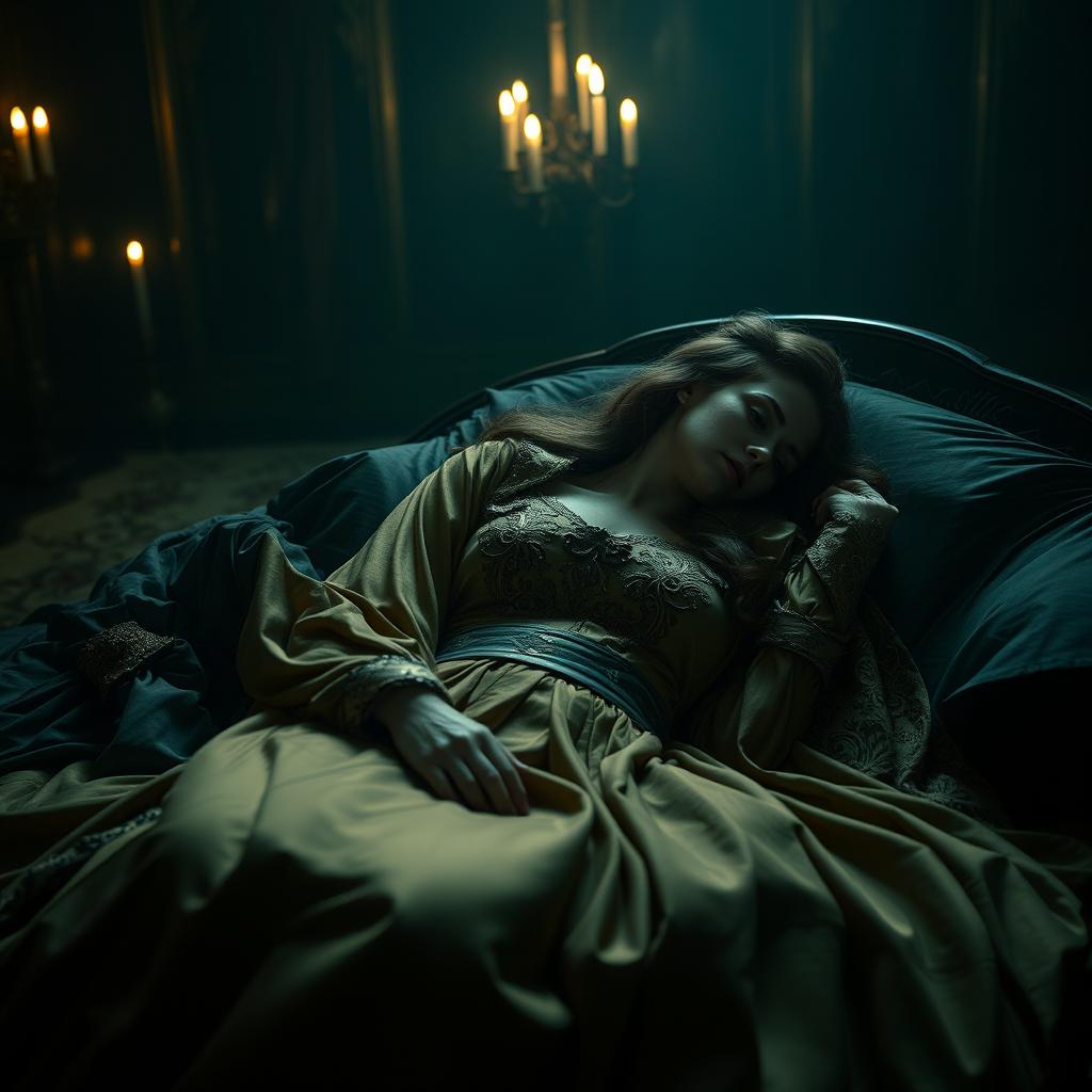 A captivating and dramatic scene showcasing an alluring queen in an elegant robe, lying in a dimly lit, opulent chamber