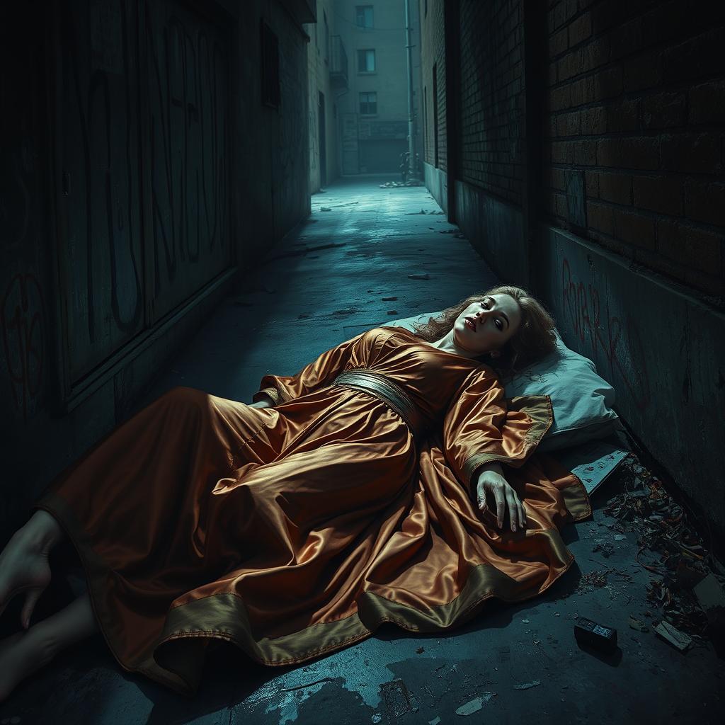 A dramatic and visually impactful scene of a beautiful queen in a luxurious robe, lying lifeless in a narrow dimly lit alley