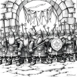 A detailed black and white drawing of a dwarven foot soldier regiment, showcasing a diverse array of sturdy dwarven warriors standing in formation