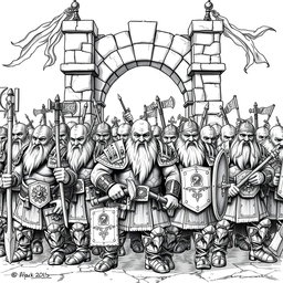 A detailed black and white drawing of a dwarven foot soldier regiment, showcasing a diverse array of sturdy dwarven warriors standing in formation