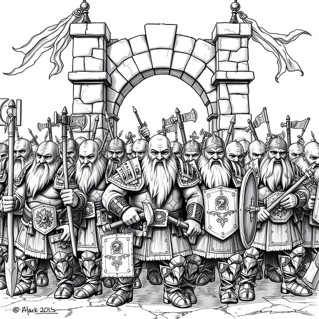 A detailed black and white drawing of a dwarven foot soldier regiment, showcasing a diverse array of sturdy dwarven warriors standing in formation