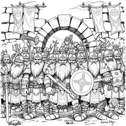 A detailed black and white drawing of a dwarven foot soldier regiment, showcasing a diverse array of sturdy dwarven warriors standing in formation