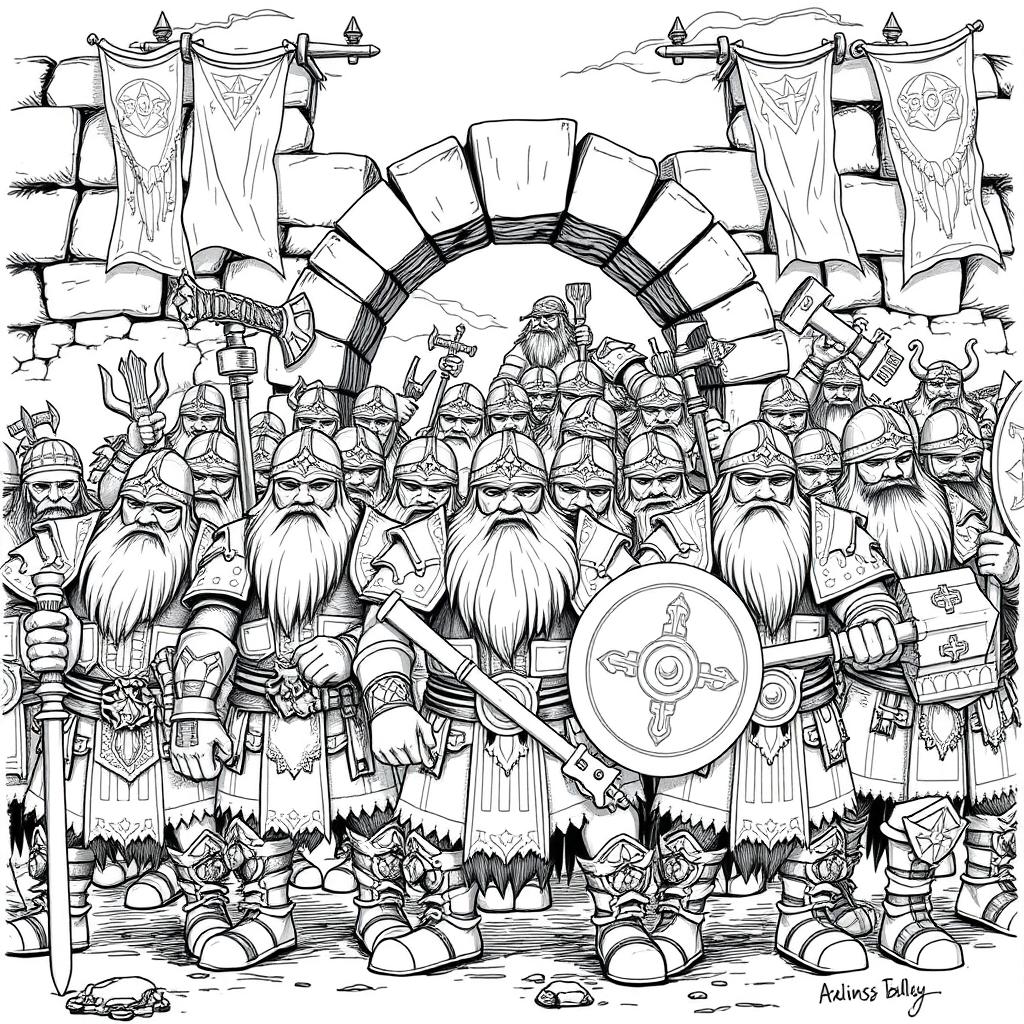 A detailed black and white drawing of a dwarven foot soldier regiment, showcasing a diverse array of sturdy dwarven warriors standing in formation