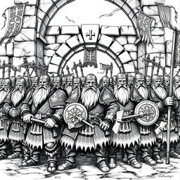 A detailed black and white drawing of a dwarven foot soldier regiment, showcasing a diverse array of sturdy dwarven warriors standing in formation