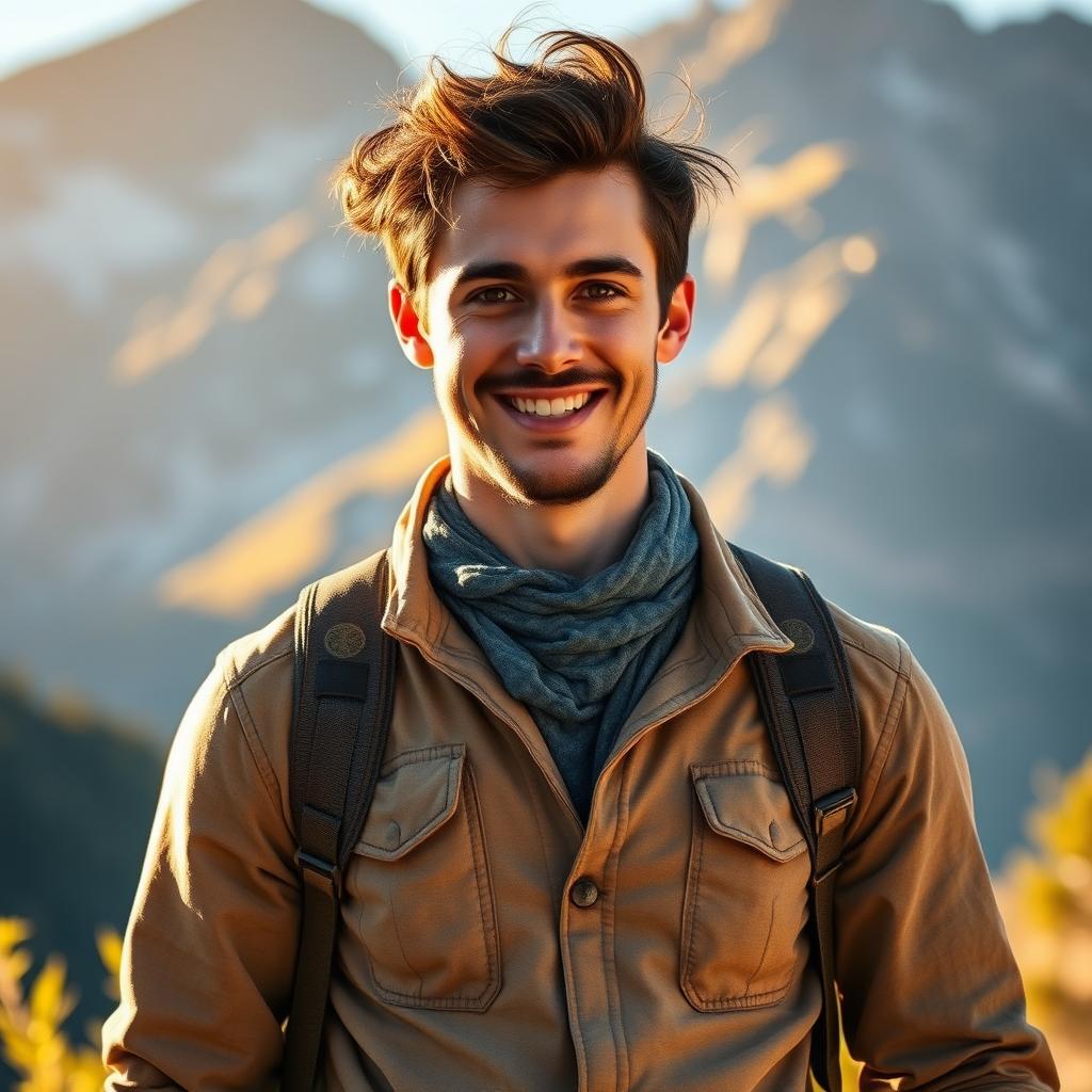 A portrait of Alex Zenkevitch, a male character with an athletic build, dressed in a stylish, slightly rugged outfit that reflects an adventurous spirit