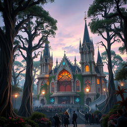 A fantasy concert building designed in an elaborate and mystical style, surrounded by a lush, enchanted forest