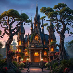 A fantasy concert building designed in an elaborate and mystical style, surrounded by a lush, enchanted forest