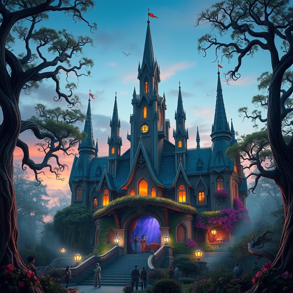 A fantasy concert building designed in an elaborate and mystical style, surrounded by a lush, enchanted forest