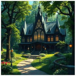 A magnificent fantasy concert hall nestled in a lush, verdant forest, designed for Dungeons and Dragons