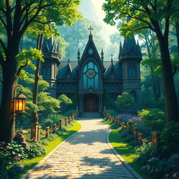 A magnificent fantasy concert hall nestled in a lush, verdant forest, designed for Dungeons and Dragons