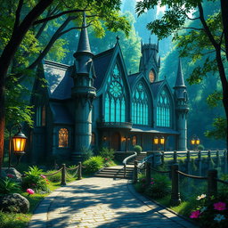 A magnificent fantasy concert hall nestled in a lush, verdant forest, designed for Dungeons and Dragons