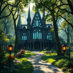 A magnificent fantasy concert hall nestled in a lush, verdant forest, designed for Dungeons and Dragons