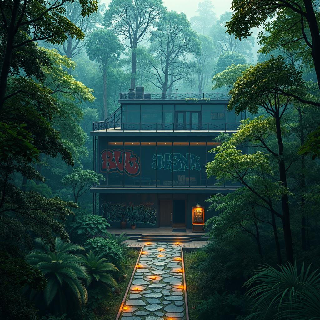 An urban concert hall surrounded by a dense, enchanting forest, designed for Dungeons and Dragons